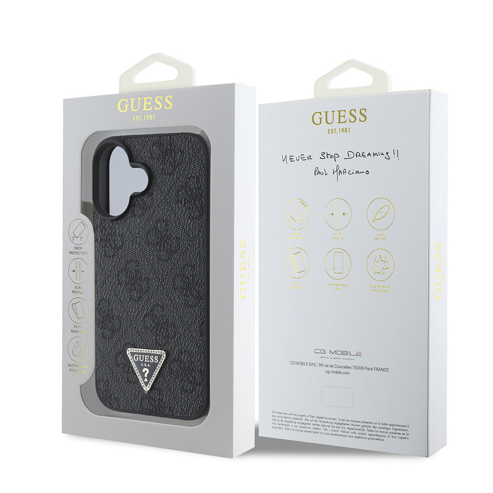 Guess iPhone 16 Orjinal Lisanslı PU Deri Taşlı Üçgen Logo 4G Desenli Strass Kılıf Guess iPhone 16 Orjinal Lisanslı PU Deri Taşlı Üçgen Logo 4G Desenli Strass Kılıf